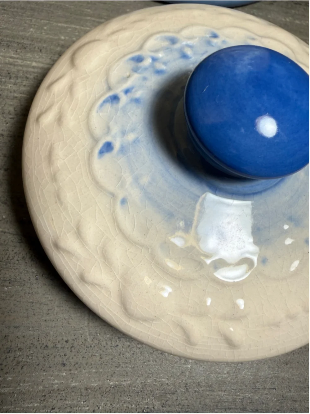 Vintage Blue & White Stoneware Hanging Salt Box Crock with Lid